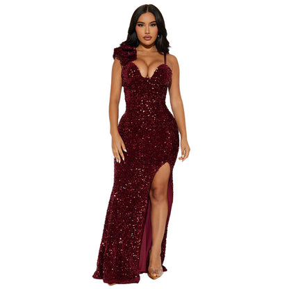 Vestido de noche largo con abertura y lentejuelas, sexy, de color liso, para mujer