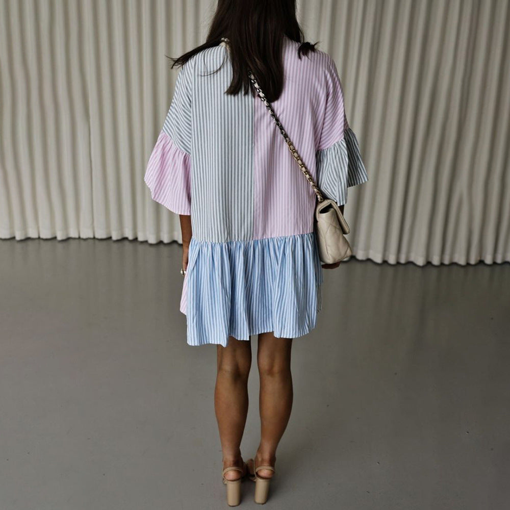 Vestido informal de manga corta con estampado de rayas y contraste de colores para primavera y verano para mujer