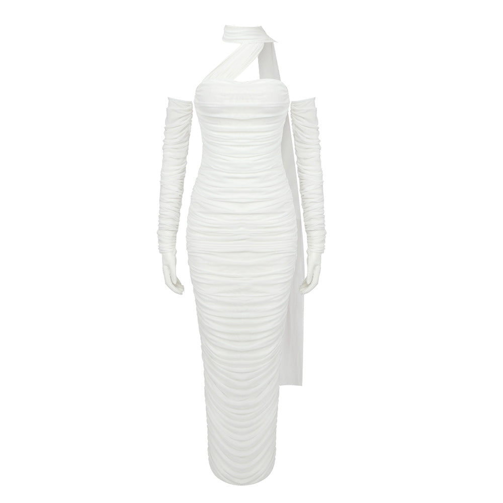 Vestido de verano con guantes blancos, malla y cinta, para mujer, estilo halter, con encaje y paquete a la cadera.