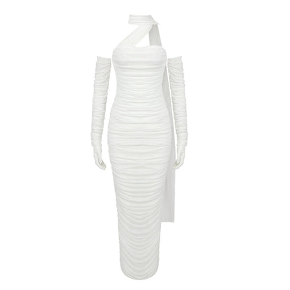 Vestido de verano con guantes blancos, malla y cinta, para mujer, estilo halter, con encaje y paquete a la cadera.