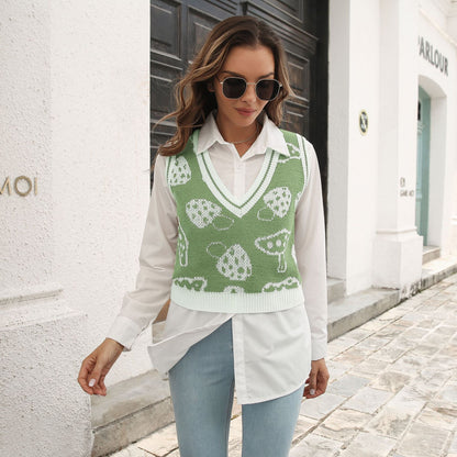 Chaleco de punto con rombos y jacquard de setas para mujer, popular para otoño e invierno.