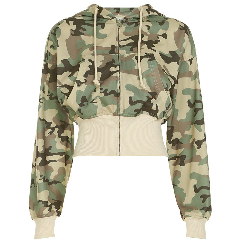 Conjunto de dos piezas de sudadera con capucha y pantalones deportivos de manga larga con contraste de color informal, cárdigan de camuflaje, abrigo y pantalones