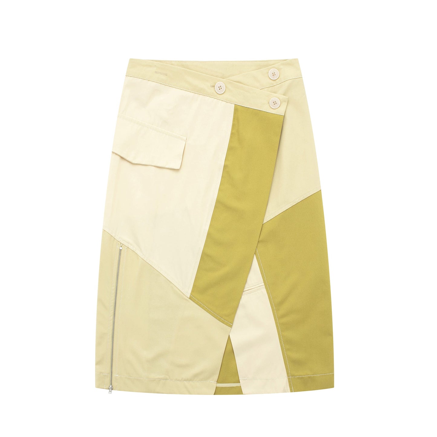 Gabardina de retazos de tela, camisa corta, falda de retazos, decoración de bolsillo, pantalón ajustado, traje para mujer