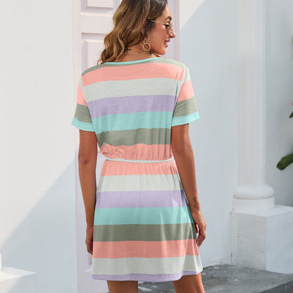 Mono de mujer con cuello redondo y estampado a rayas, pijama de manga corta, vestido informal