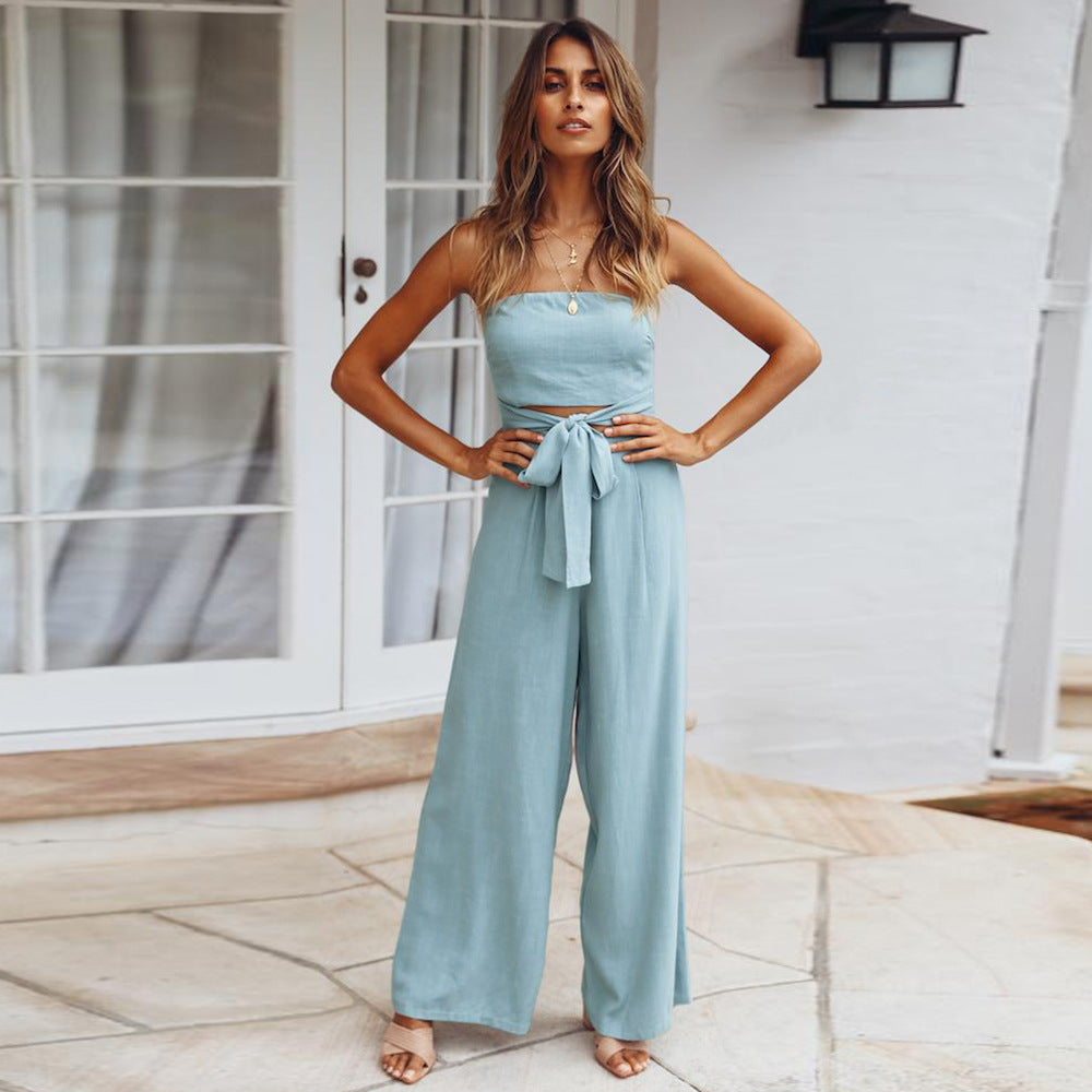 Conjunto de moda informal, mono ajustado sexy sin espalda, pantalones de pierna recta, primavera y verano, nuevo