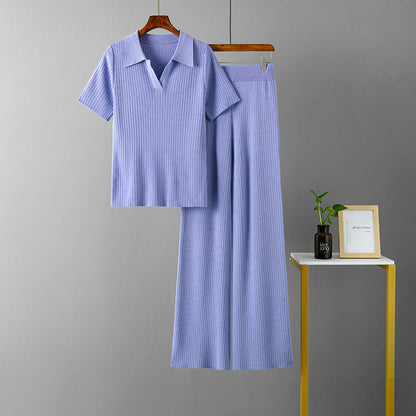 Ropa de mujer, jersey de cuello polo, top de manga corta, pantalones anchos de color liso adelgazantes, traje de punto