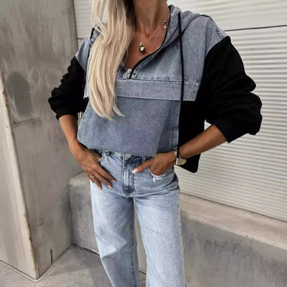 Sudadera con capucha para mujer, holgada, informal, con costuras vaqueras y lavado al agua, para otoño