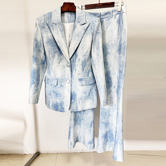 Conjunto de dos piezas de blazer de corte entallado y largo medio con estampado teñido anudado de primavera