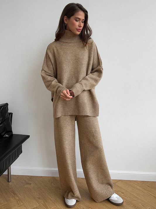 Suéter de cuello alto para mujer, traje holgado informal de otoño e invierno con pantalones de punto gruesos