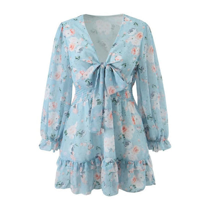 Vestido de invierno con lazo, cintura elástica, laminado, estampado y volantes