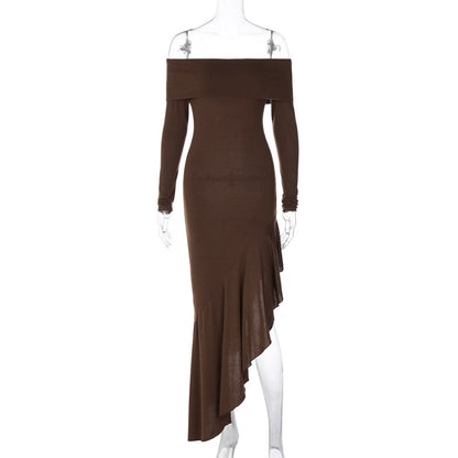 Vestido elegante de manga larga con hombros descubiertos y volantes ajustados para mujer