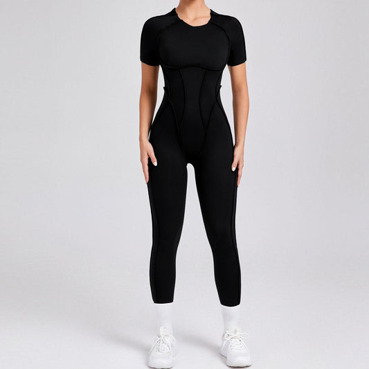 Mono deportivo de una pieza de manga corta ajustado con espalda descubierta tridimensional para otoño e invierno.