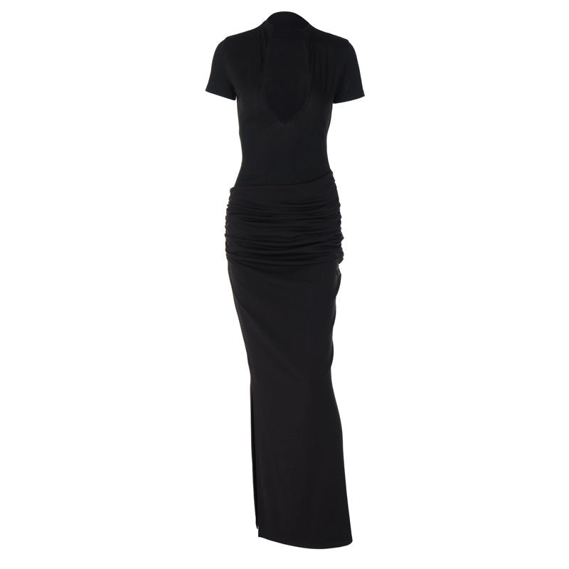 Vestido largo plisado sexy de manga corta con escote en V profundo para mujer de invierno