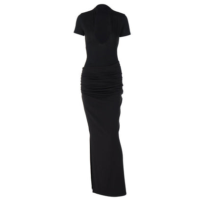 Vestido largo plisado sexy de manga corta con escote en V profundo para mujer de invierno