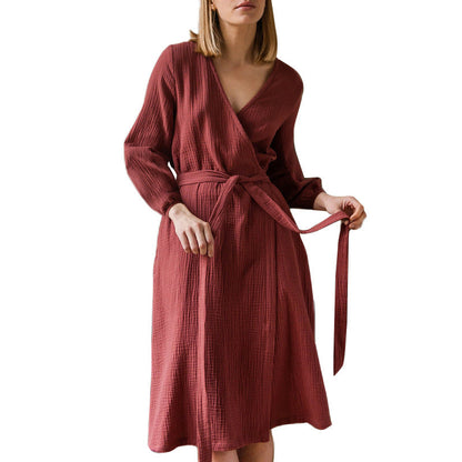 Vestido de gasa de algodón de primavera, de manga larga, estilo francés de oficina, ajustado a la cintura con tapeta.