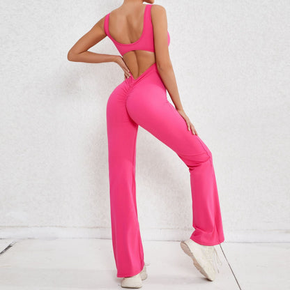 Mono de yoga de una pieza con espalda descubierta y escote ahuecado en color arena otoñal, para levantar la cadera, deportivo y entrenamiento