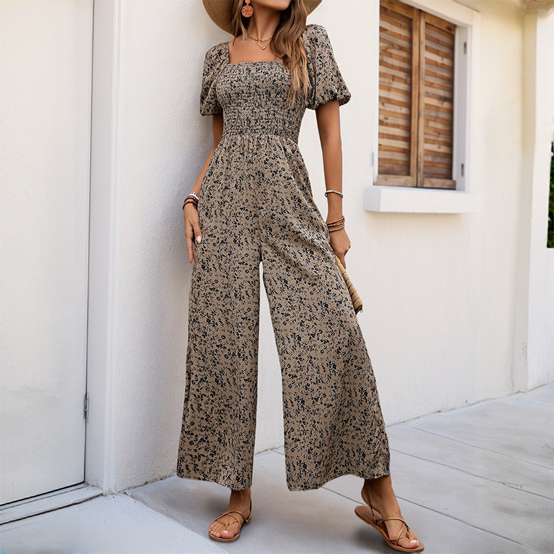 Mono de verano para mujer, cuello cuadrado, mangas abullonadas, pantalones de pierna ancha, mono estampado
