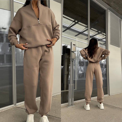 Suéter de manga larga con cremallera y cuello alto para mujer, conjunto de dos piezas para otoño e invierno, cómodo, holgado, deportivo e informal