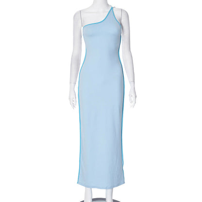 Vestido tubo sexy con un hombro descubierto y espalda descubierta con cordones para mujer, ropa de primavera y verano con cuello diagonal en contraste de colores