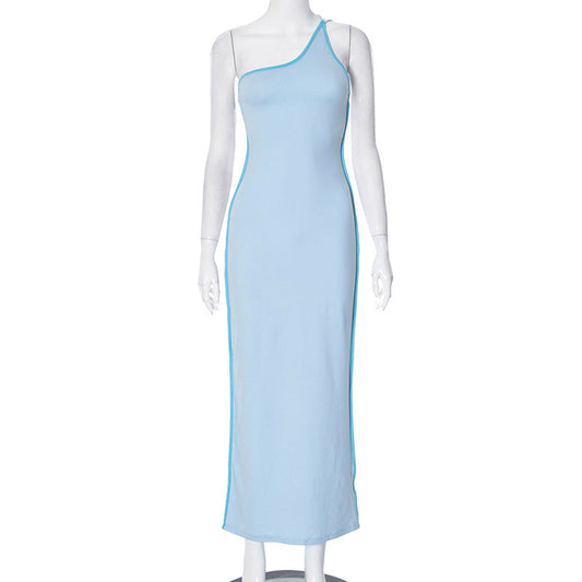 Vestido tubo sexy con un hombro descubierto y espalda descubierta con cordones para mujer, ropa de primavera y verano con cuello diagonal en contraste de colores