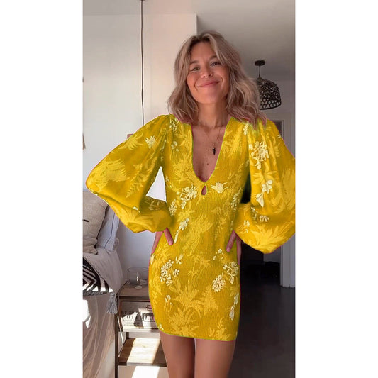 Vestido plisado de manga larga con cuello en V, sexy, informal, holgado, para vacaciones, primavera y verano