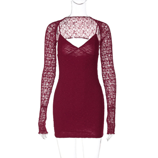 Sexy Lace Stitching Suspender Dress Pure Red Sexy Slim Fit V neck Socialite Dress