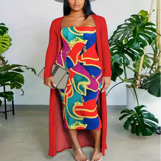 Plus Size Women Clothing Spring Autumn Tube Top Dress Long Coat Two Piece Set Women
