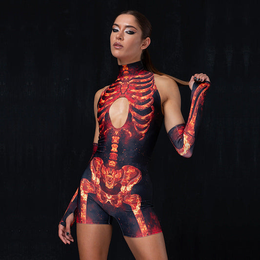 Mono sin mangas con estampado de calavera de Halloween para mujer, pantalones cortos sexis con puños