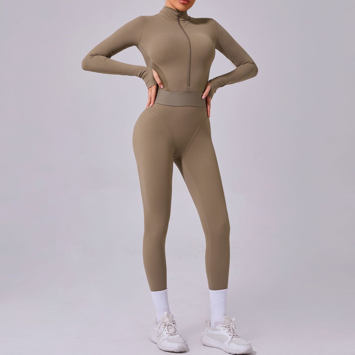 Mono de yoga con costuras de malla en ambos lados, cintura elástica ajustada, costuras con agujeros para los dedos, deportivo, fitness, de una pieza