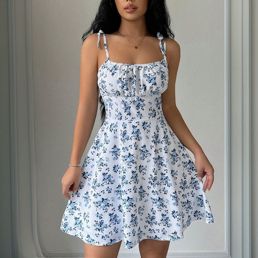 Vestido mini con cuello cuadrado y cintura con tirantes florales para mujer, ropa de primavera y verano