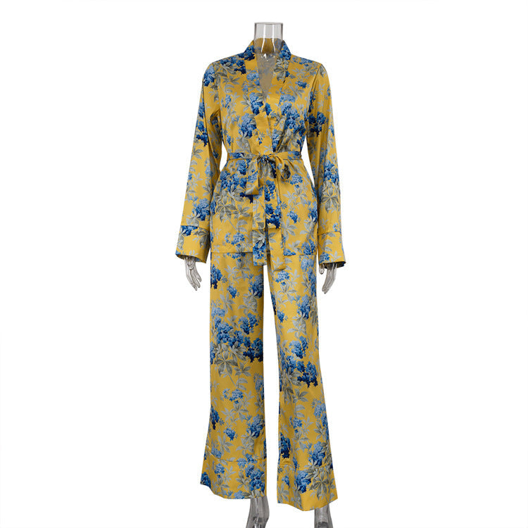 Conjunto de dos piezas de otoño e invierno con estampado de satén, manga larga, cordones y pantalones anchos de cintura alta