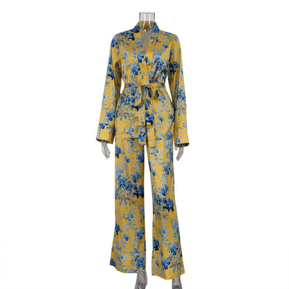 Conjunto de dos piezas de otoño e invierno con estampado de satén, manga larga, cordones y pantalones anchos de cintura alta