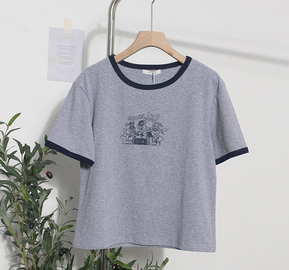 Real Shot Loose Slimming Printed round Neck Contrast Color Short Sleeve Casual Bottoming Shirt Top T shirt