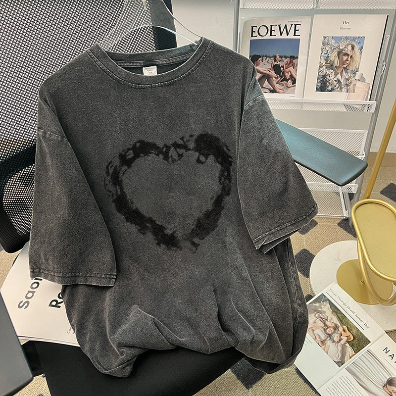 Camiseta de manga corta de algodón desgastado lavado para mujer, holgada, combinable, de largo medio, estilo retro de marca de moda.