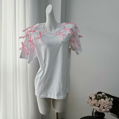 Camiseta holgada de manga corta con lazo de cinta para niña, top informal de algodón holgado
