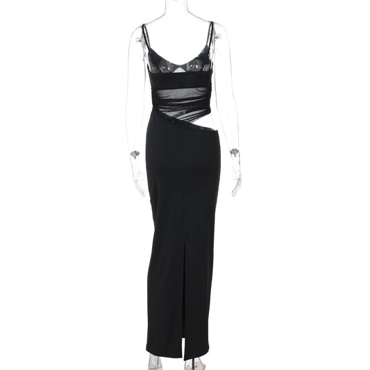 Women Clothing Winter Sexy Patchwork Slit Mesh See through Sling Dress