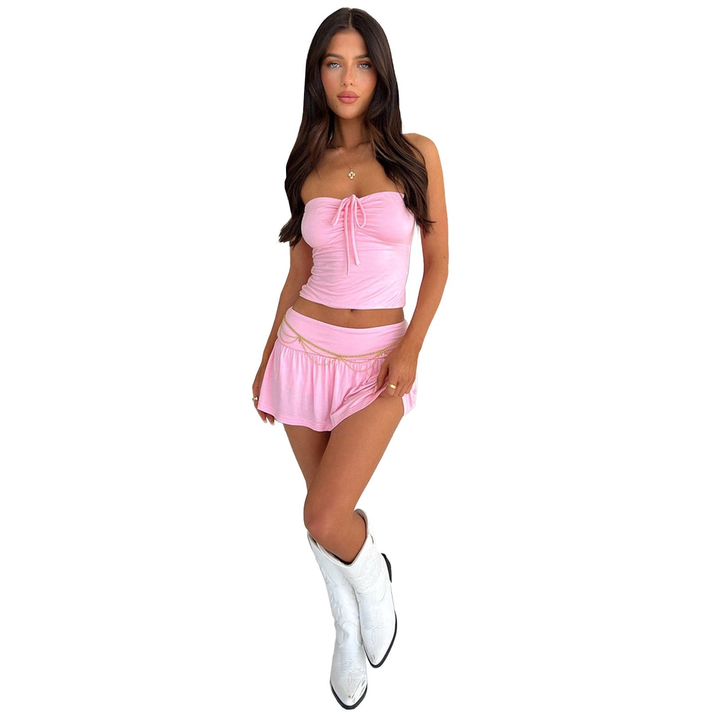 Conjunto de dos piezas de falda y pantalón de doble capa con top de tubo sexy para mujer