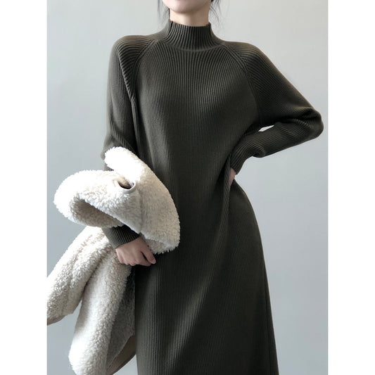Vestido de punto para mujer, de invierno, con cuello alto y bajo, largo medio por encima de la rodilla