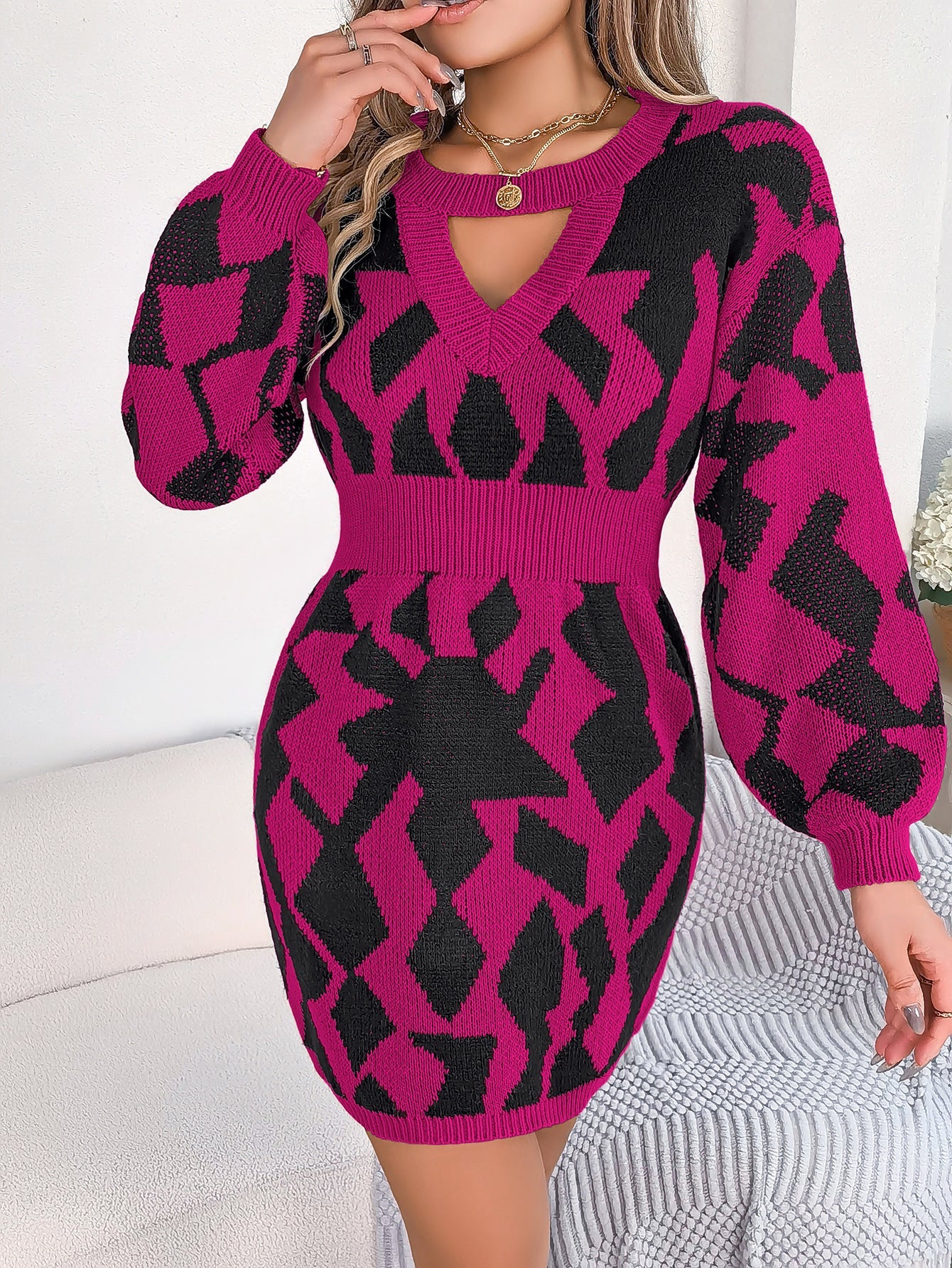Vestido tipo suéter ajustado con mangas abullonadas y corte a juego de colores para otoño e invierno, ropa informal para mujer