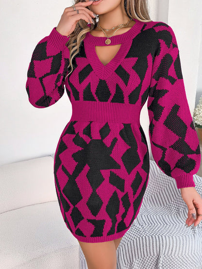 Vestido tipo suéter ajustado con mangas abullonadas y corte a juego de colores para otoño e invierno, ropa informal para mujer