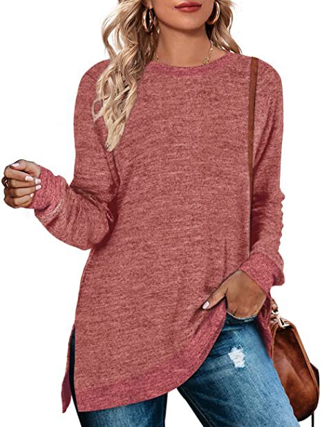 Camiseta informal holgada de manga larga con cuello redondo y abertura multicolor para mujer