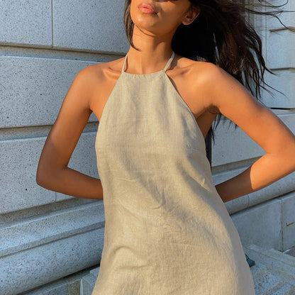 Vestido de verano de lino y algodón para mujer, sexy, sin espalda, con cuello halter y cordones.