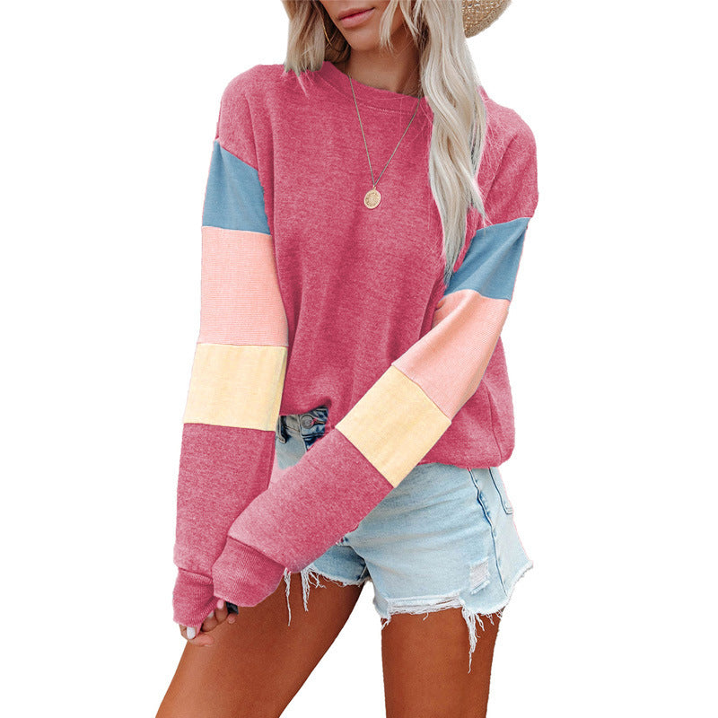 Sudadera tipo pulóver para mujer, primavera otoño, cuello redondo, manga larga, color en contraste, camiseta de manga larga para mujer