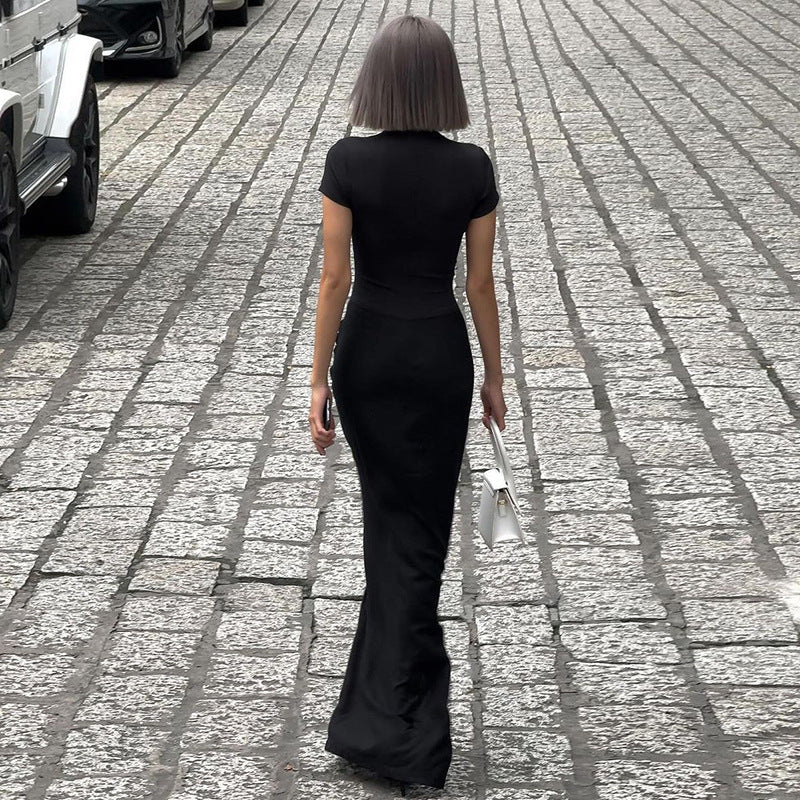 Vestido largo plisado sexy de manga corta con escote en V profundo para mujer de invierno