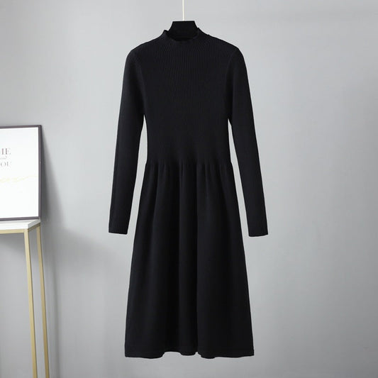 Half Turtleneck Knitted Dress Autumn Winter Long Sleeve Waist Controlled Base Slim Black Woolen Women