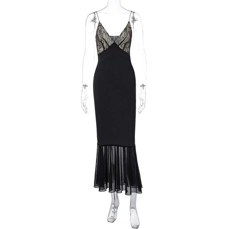 Corsé de encaje de retazos para mujer adulta, estilo sexy, ajustado, con dobladillo de red, vestido tipo cabestrillo para mujer