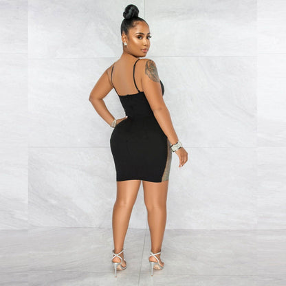 Vestido sexy ajustado de malla con tirantes de diamantes de imitación