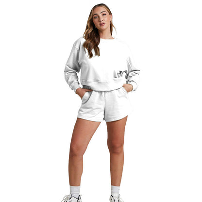 Solid Color Long Sleeve Sweaters Women Clothing Short Two-Piece Casual Shorts Suit