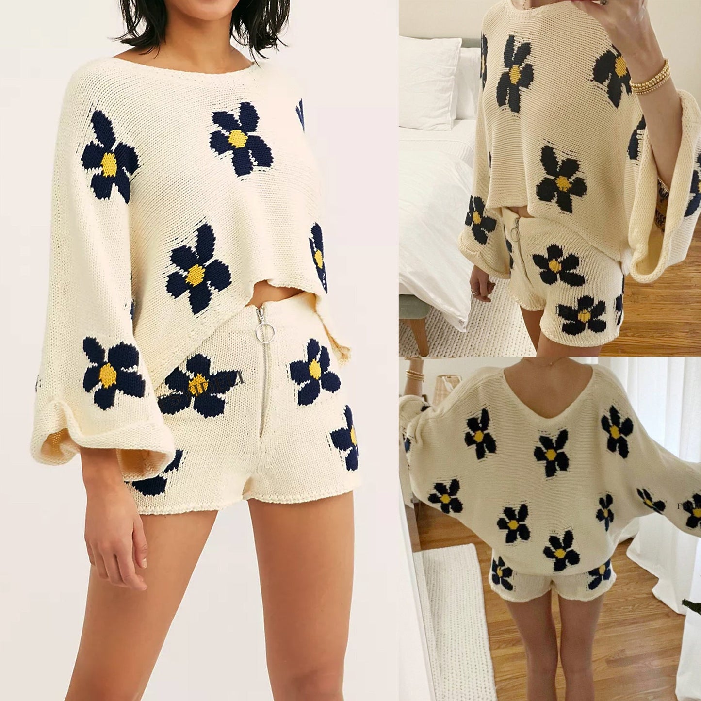 Ropa de mujer, pantalones cortos de lana de manga larga con estampado floral, ropa de casa de dos piezas