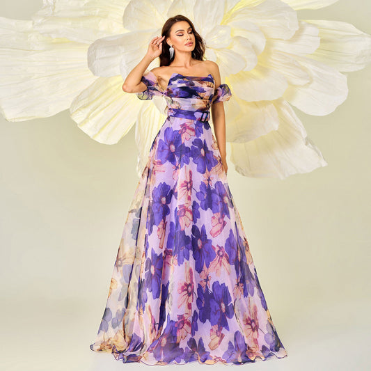 High Grade Chest Wrapped off Neck Slim Fit Waist Trimming Printing Cocktail Large Swing Evening Dress Dress Women